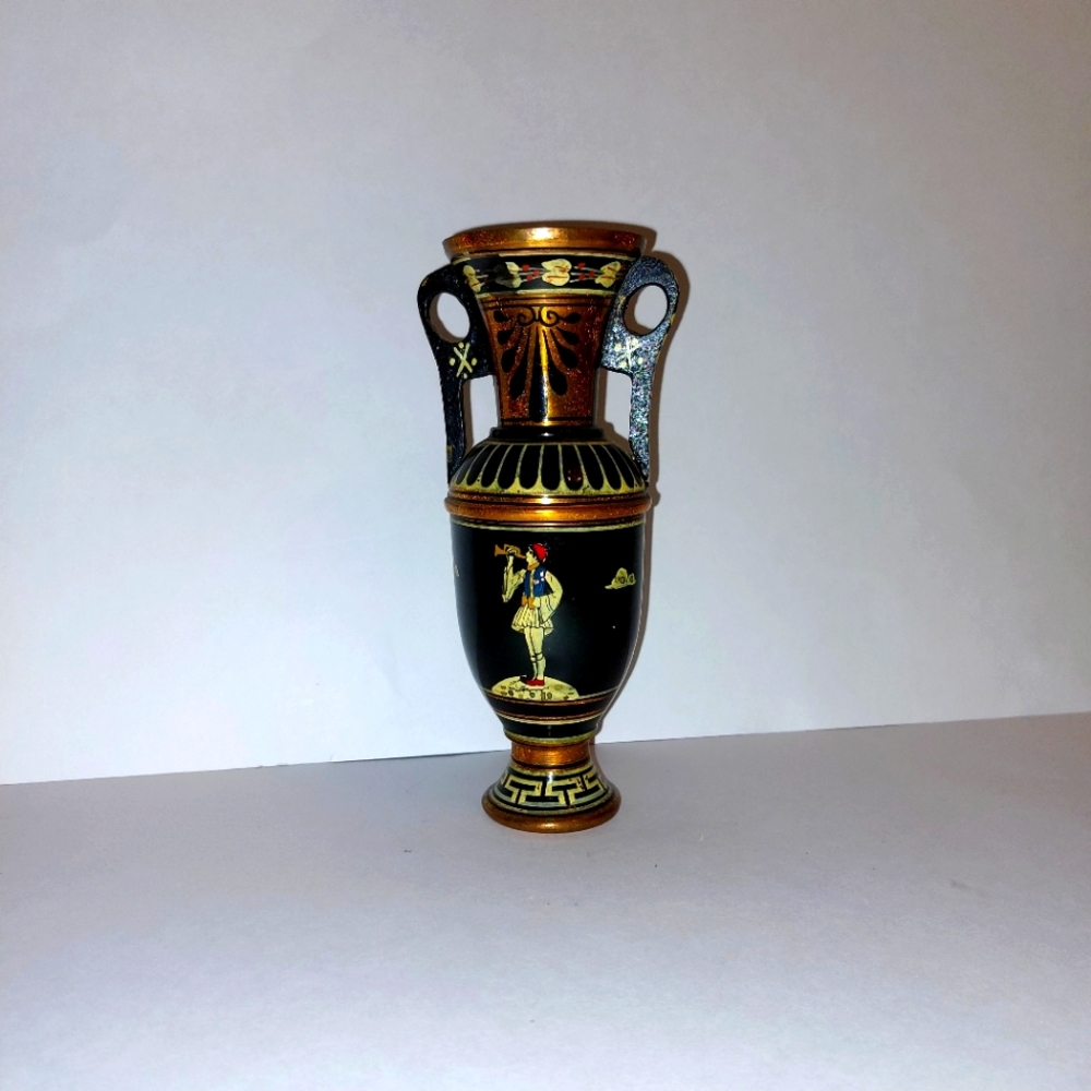 Vintage Greek Revival Copper Vase 7.25" tall W/ Hand Painted Acropolis of Athens